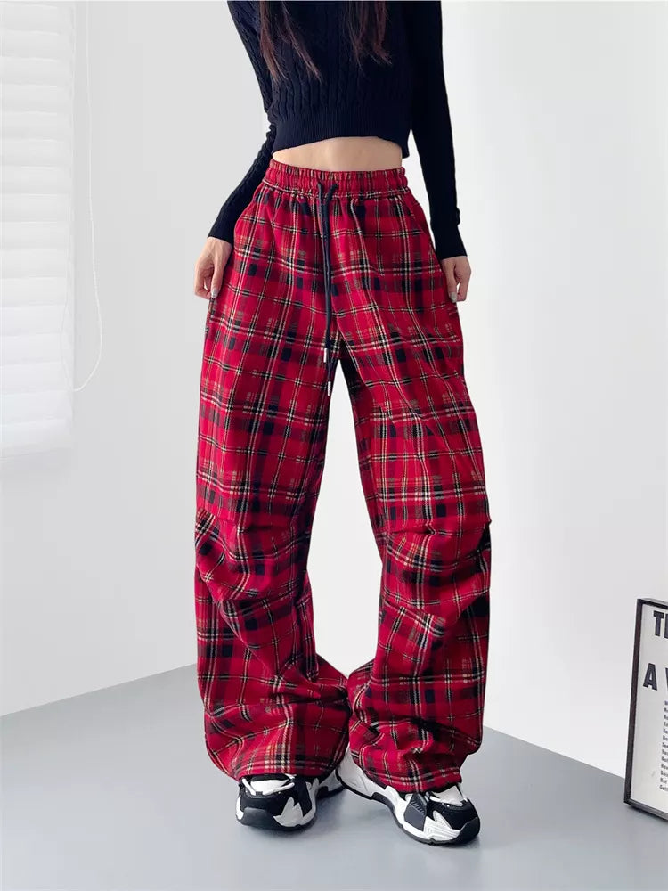 Pantalones anchos a cuadros con cintura alta y elegantes tallas grandes para mujer