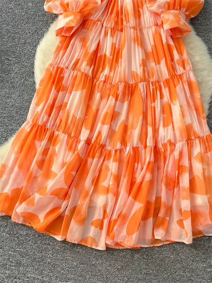 Elegantes, bedrucktes Maxikleid im französischen Stil mit Laternenärmeln für Damen