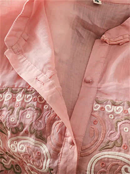 Leichtes, besticktes Ramie-Sommerhemd im chinesischen Stil für Damen