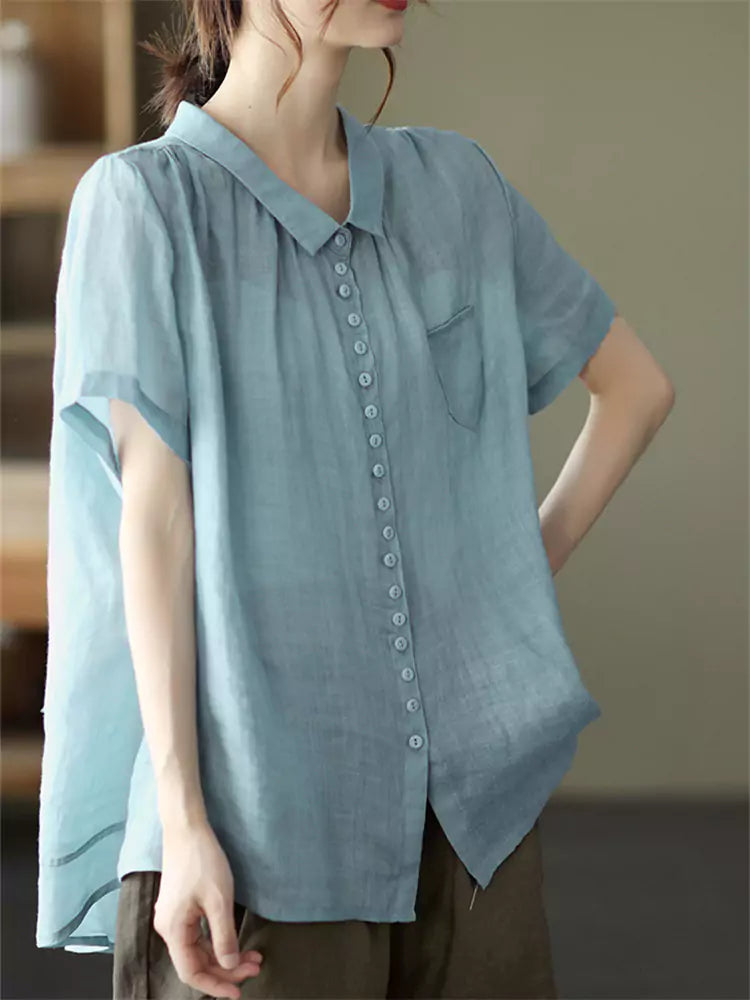 Minimalist Elegant Ramie Vintage Loose-Fit Peter Pan Collar Blouse for Women