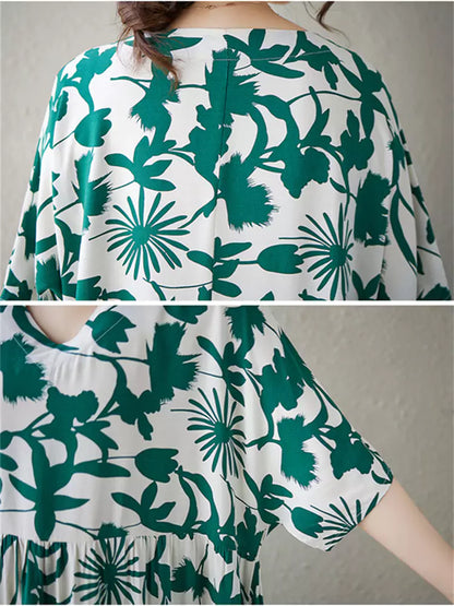 Plus Size Ethno-Kleid mit V-Ausschnitt und Blumenmuster für Damen