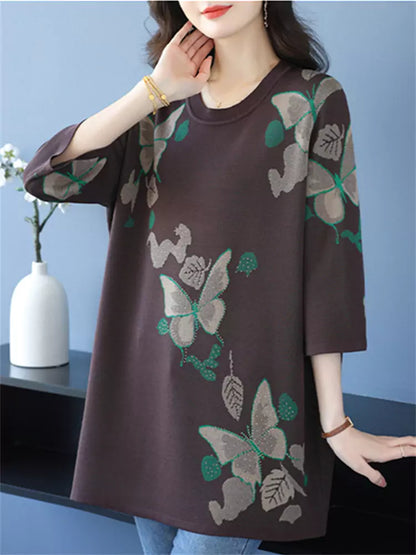 Top de punto estampado con cuello redondo y manga corta para mujer, de talla grande y moderno