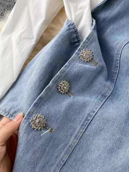 Asymmetrisches, langärmeliges Jeans-Patchwork-Hemdkleid für Damen