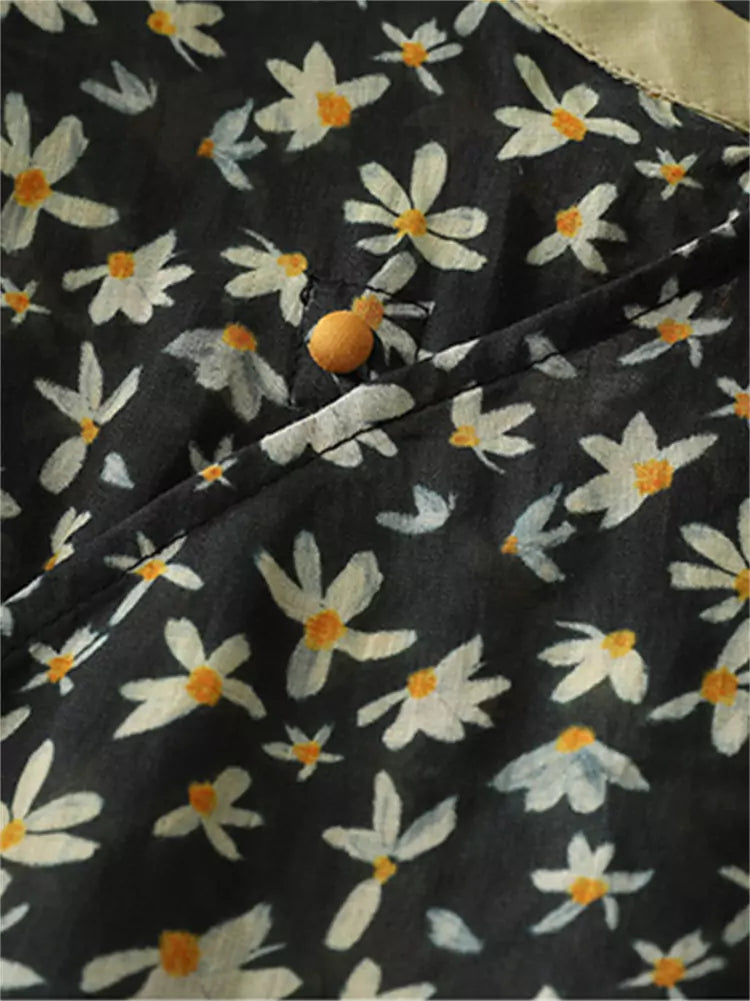 New Chinese Style Asymmetrical Placket Cotton Linen Blouse