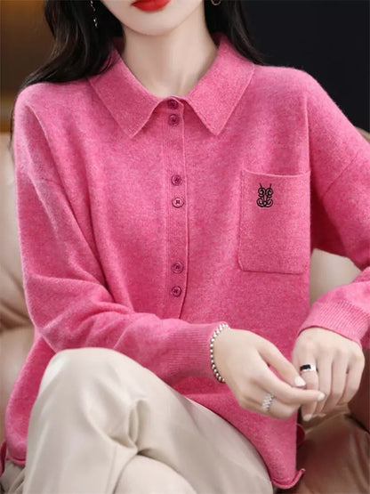 Suéter de punto con cuello polo de lana bordado estilo vintage para mujer
