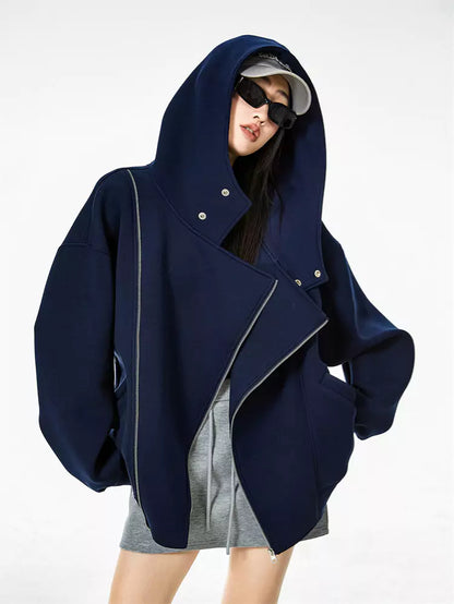 Sudadera con capucha asimétrica con cremallera gris claro vintage para mujer