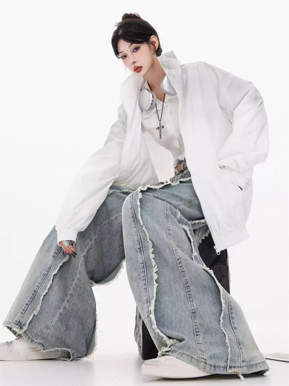 Pantalones vaqueros anchos con dobladillo sin rematar para mujer: pantalones holgados de pierna recta