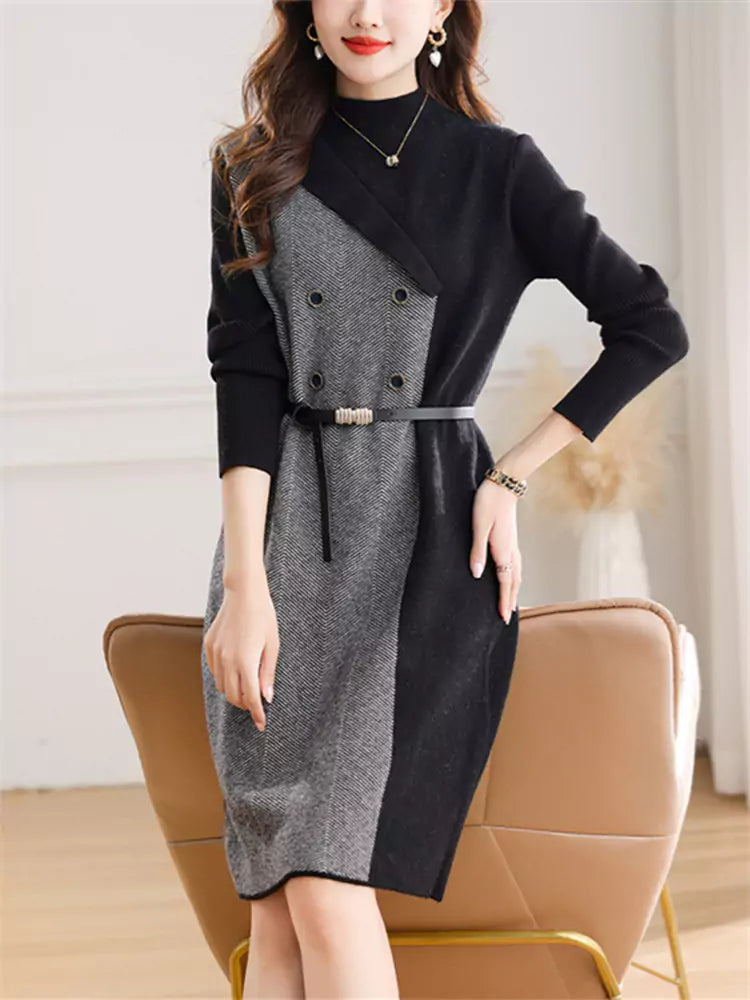 Strickkleid mit halbem Rollkragen für Damen – mittellanges, lässiges Herbst-Winter-Outfit