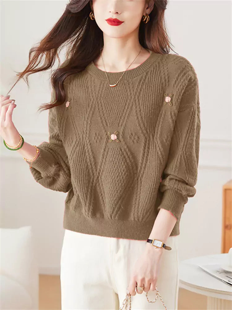 Women’s Camel Embroidered Sweater – Short Knit Pullover for Autumn Winter