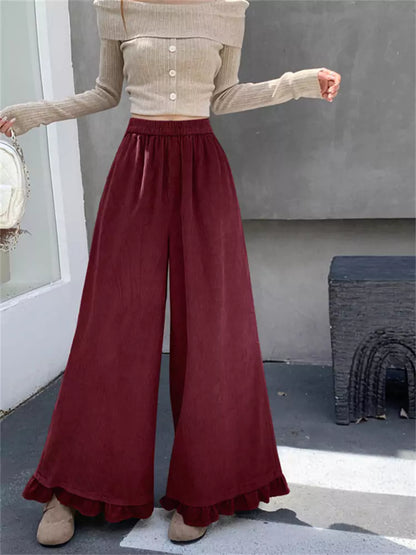 Pantalones anchos de pana rosa con volantes para mujer