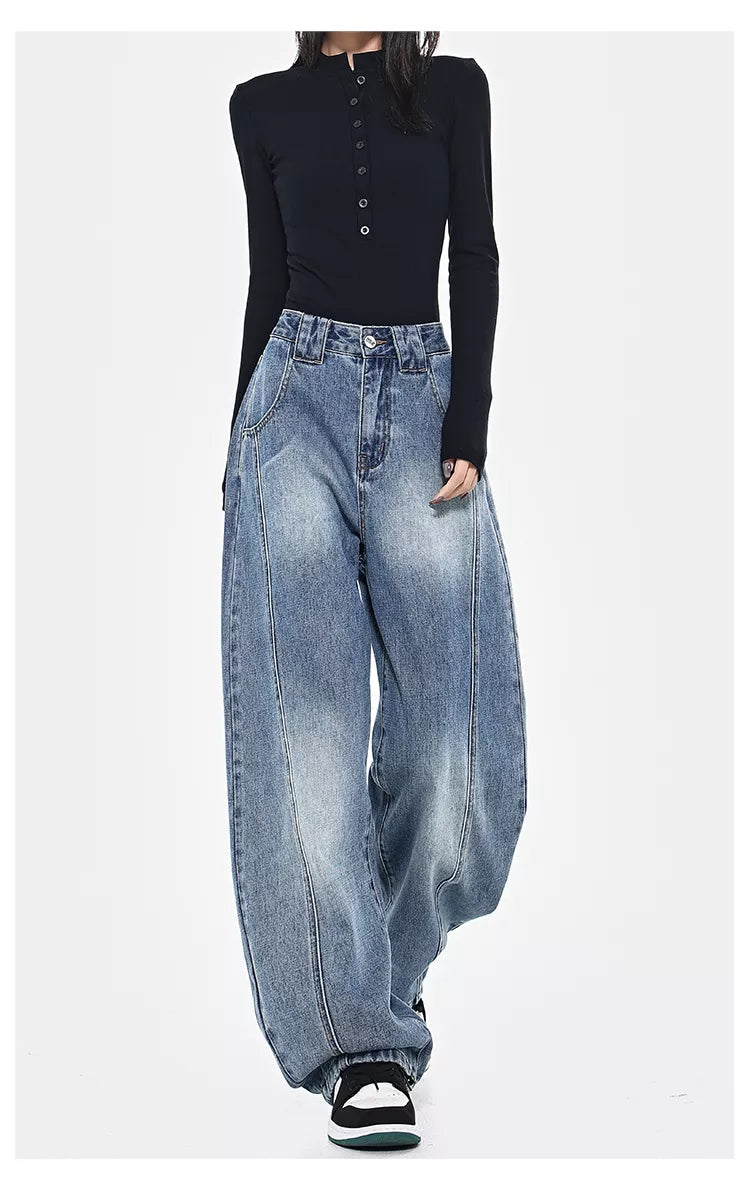 Vintage Deconstructed Curved Denim Wide-Leg Jeans for Women