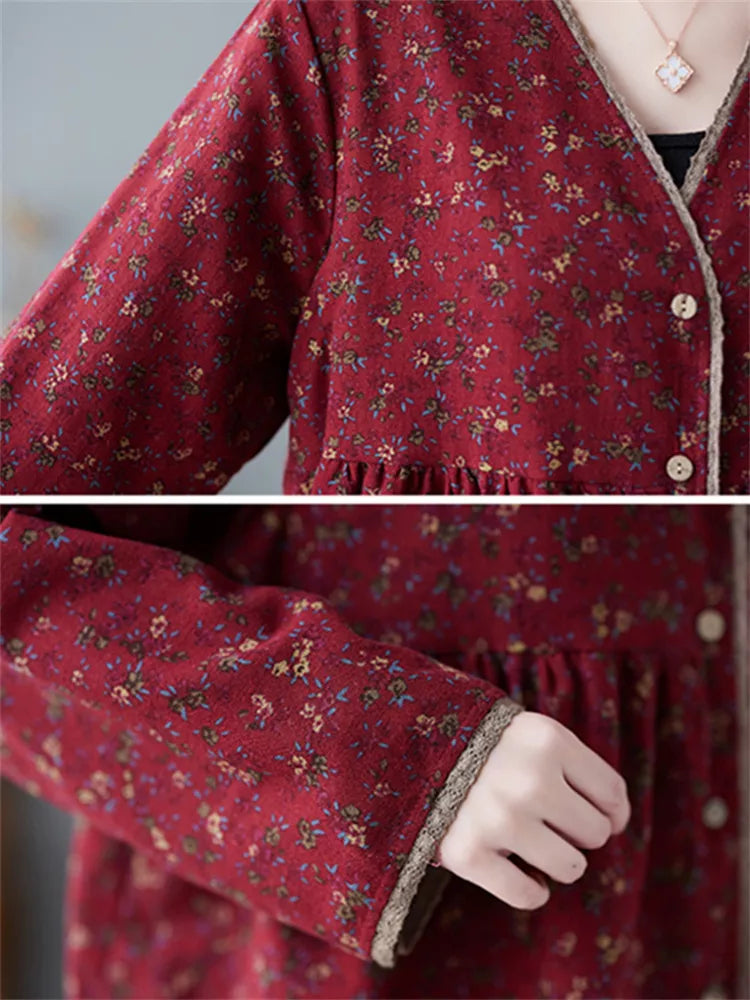 Zweilagige Patchwork-Bluse mit V-Ausschnitt aus Baumwoll-Leinen-Mischgewebe in Übergröße für Damen