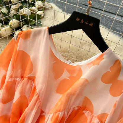 Elegantes, bedrucktes Maxikleid im französischen Stil mit Laternenärmeln für Damen