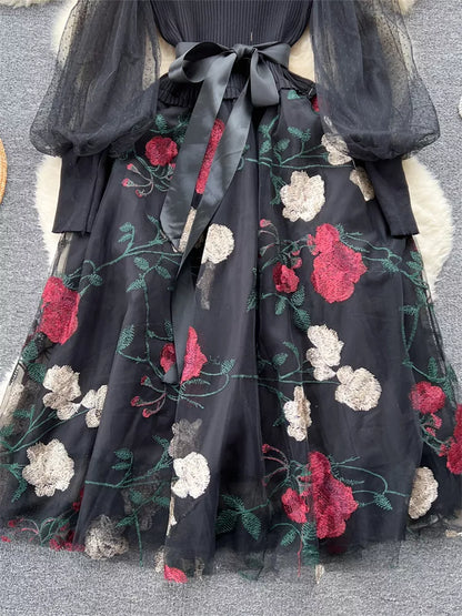 Elegant French Style Knitted Spliced Floral Mesh Dress