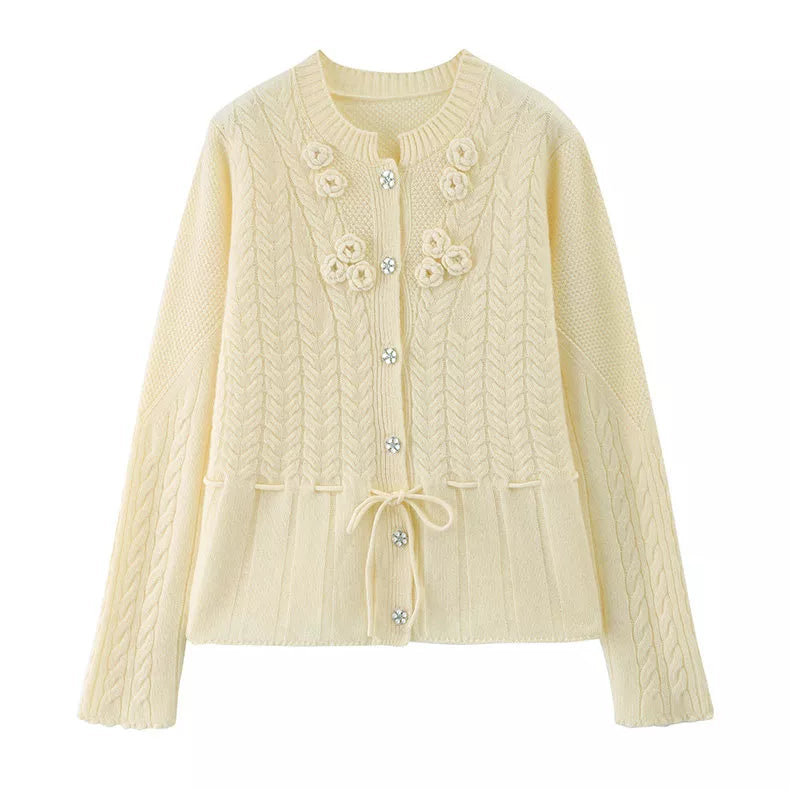 Women's Elegant White 3D Floral Wool Cardigan Drawstring Waist