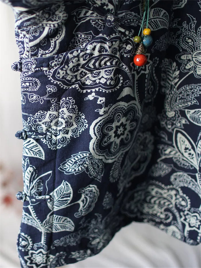 Women's Vintage Chinese Style Blue Floral Padded Jacket Cotton Linen Frog Button Short Coat