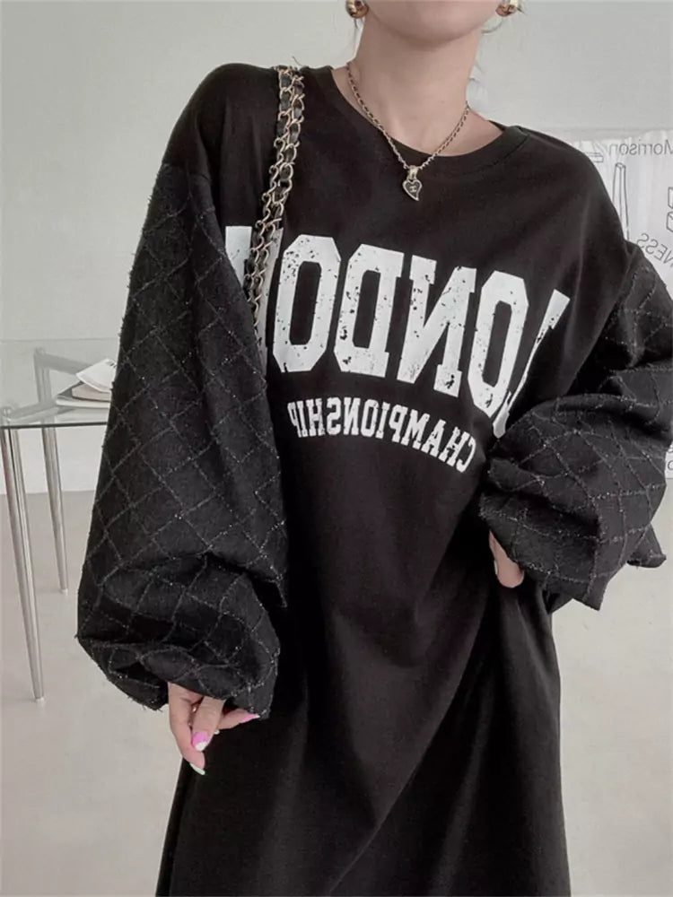 Women's Round Neck Letter Print Patchwork Plaid Lantern Sleeve Dress