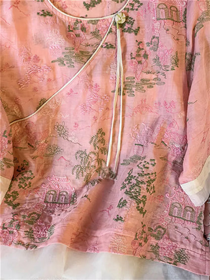 Hochwertige, leichte, bestickte Sommerbluse im Zen-Stil für Damen mit chinesischen Elementen