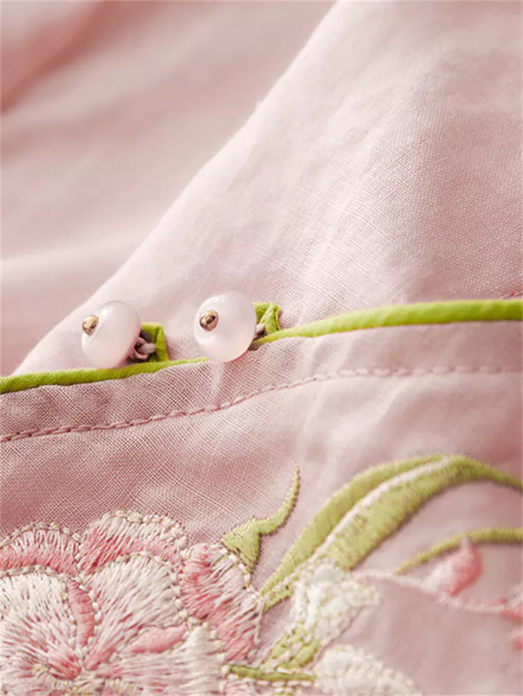 Vintage-Bluse aus Baumwoll-Leinen-Mischgewebe mit diagonal verlaufender, bestickter Knopfleiste in Rosa für Damen