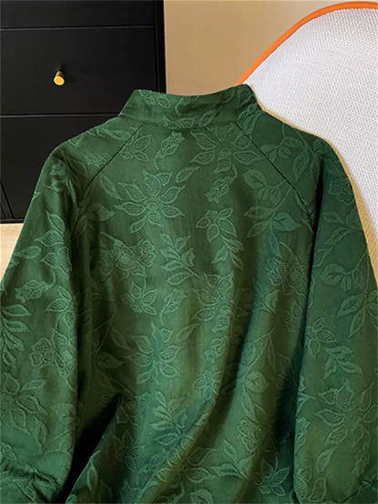 Vintage-Bluse im chinesischen Stil mit Jacquard-Muster, Stehkragen und Knopfleiste für Damen