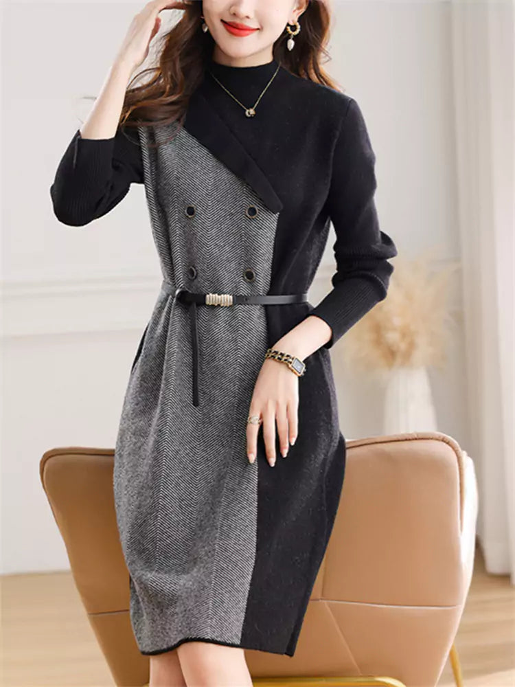 Strickkleid mit halbem Rollkragen für Damen – mittellanges, lässiges Herbst-Winter-Outfit