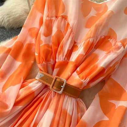 Elegantes, bedrucktes Maxikleid im französischen Stil mit Laternenärmeln für Damen