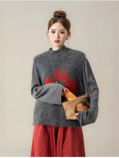 Women's Cute Tomato Jacquard Soft Knitted Sweater Vest Korean Preppy Style