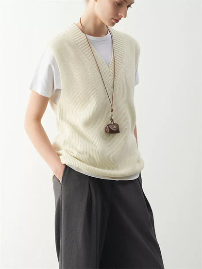 Women's Dark Brown Wool V-Neck Knit Vest Loose Sleeveless Pullover Sweater