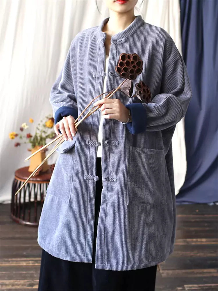 Women's  Grey Retro Cotton Linen Corduroy Padded Coat with Chinese Knot Button