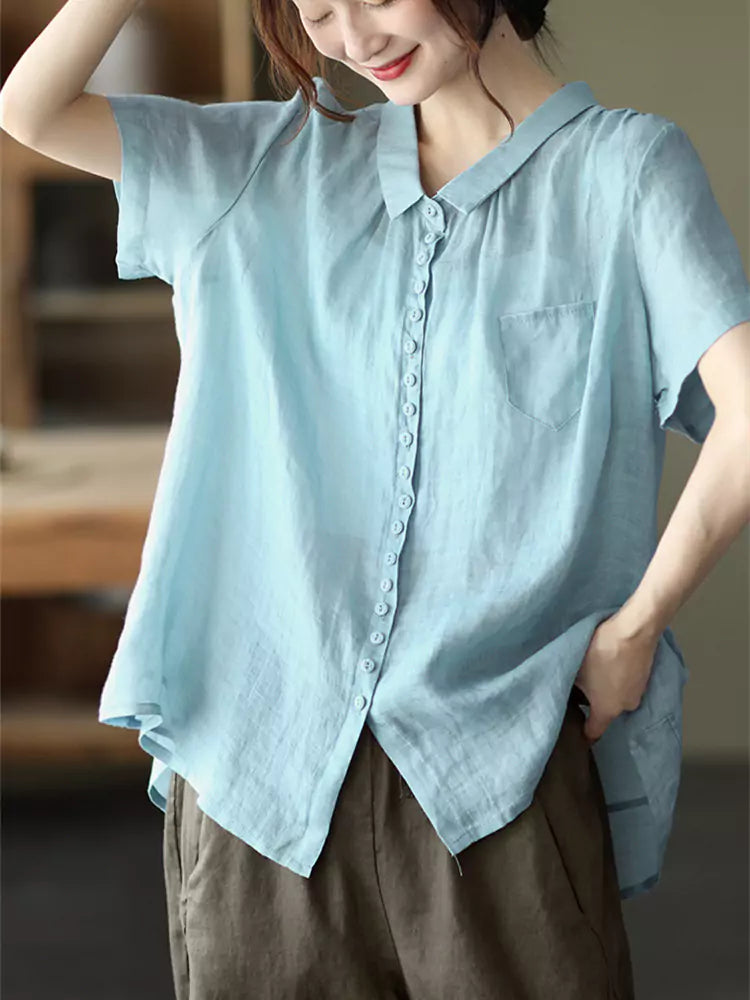 Minimalist Elegant Ramie Vintage Loose-Fit Peter Pan Collar Blouse for Women
