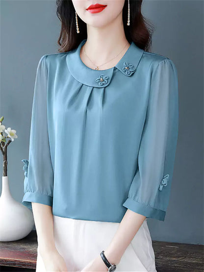 Blusa de seda morera de verano con cuello Peter Pan y mangas 3/4 para mujer