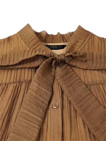 Elegantes, strukturiertes Midikleid mit langen Ärmeln und Schleife für Damen