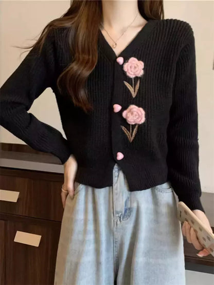 Vintage-Inspired V-Neck Crochet Floral Knit Cardigan for Women