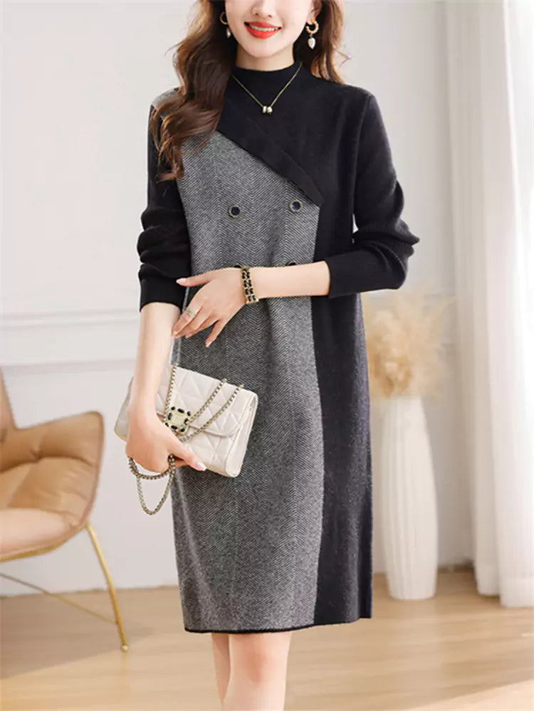 Strickkleid mit halbem Rollkragen für Damen – mittellanges, lässiges Herbst-Winter-Outfit