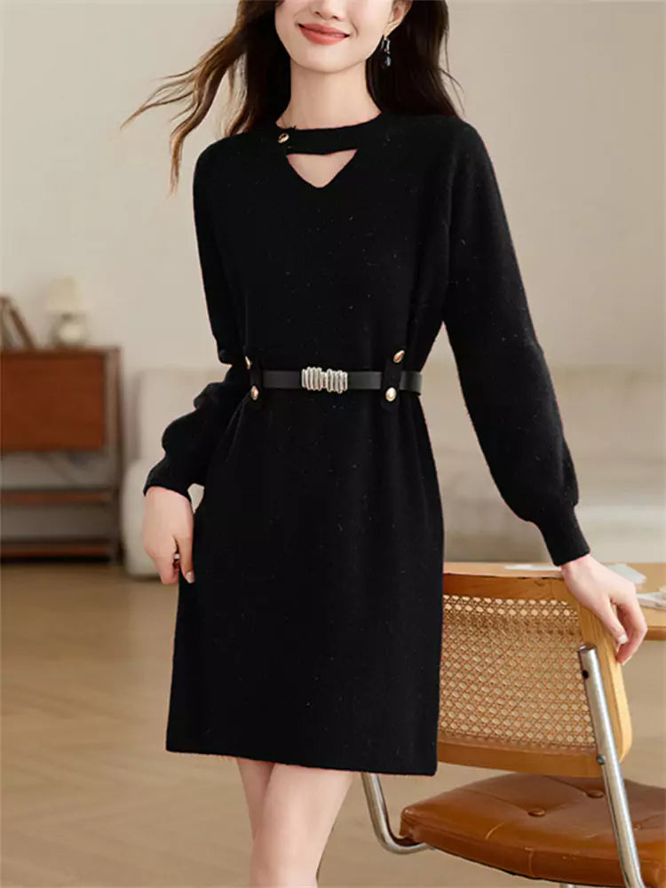 Women’s Red Hollow Knit Sweater Dress – Mid-Length Pullover for Autumn Winter