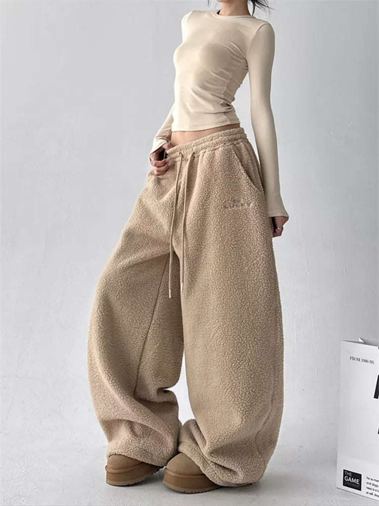 Pantalones anchos de sherpa sintética para mujer - Pantalones deportivos holgados y acogedores de felpa de peluche