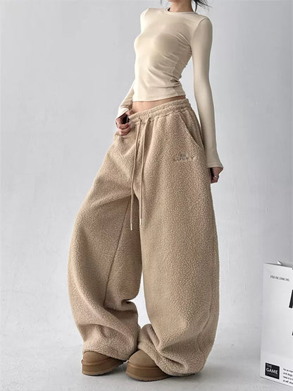 Pantalones anchos de sherpa sintética para mujer - Pantalones deportivos holgados y acogedores de felpa de peluche