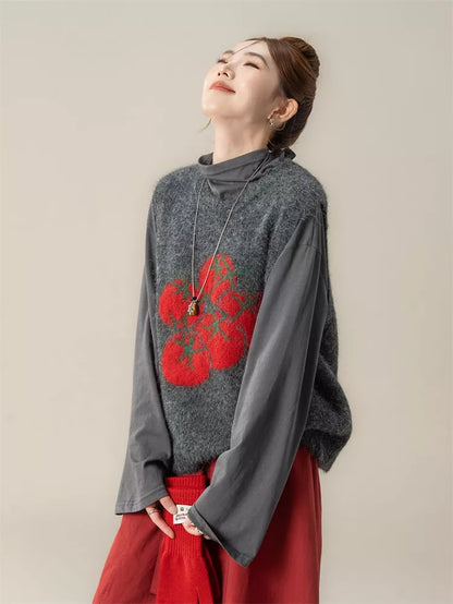 Women's Cute Tomato Jacquard Soft Knitted Sweater Vest Korean Preppy Style