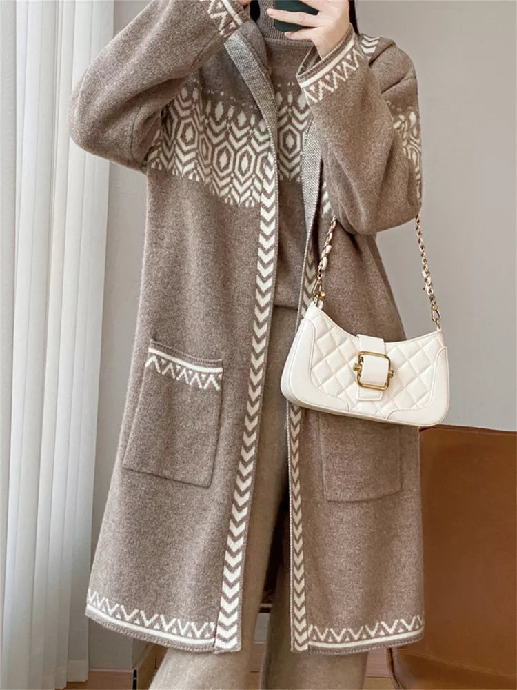 Women's Beige Geometric Jacquard Hooded Long Cardigan