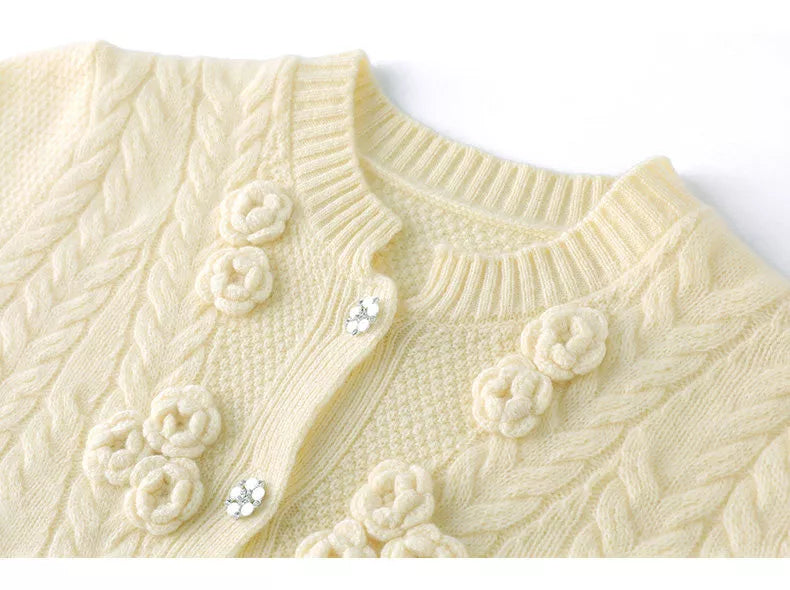 Women's Elegant White 3D Floral Wool Cardigan Drawstring Waist