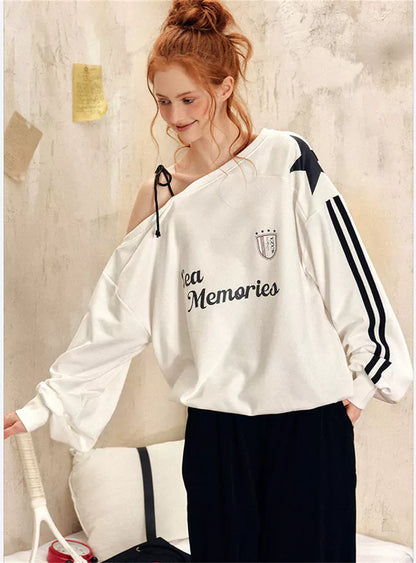 Vintage Star One-Shoulder Letter Print Slouchy Sweatshirt