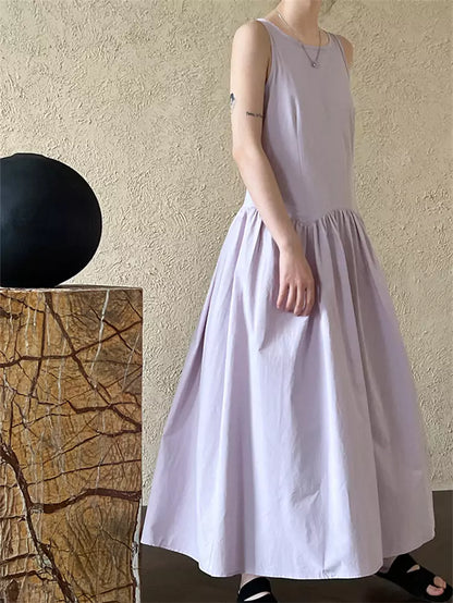 Lila minimalistisches, schickes, plissiertes Tanktop-Maxikleid in A-Linie