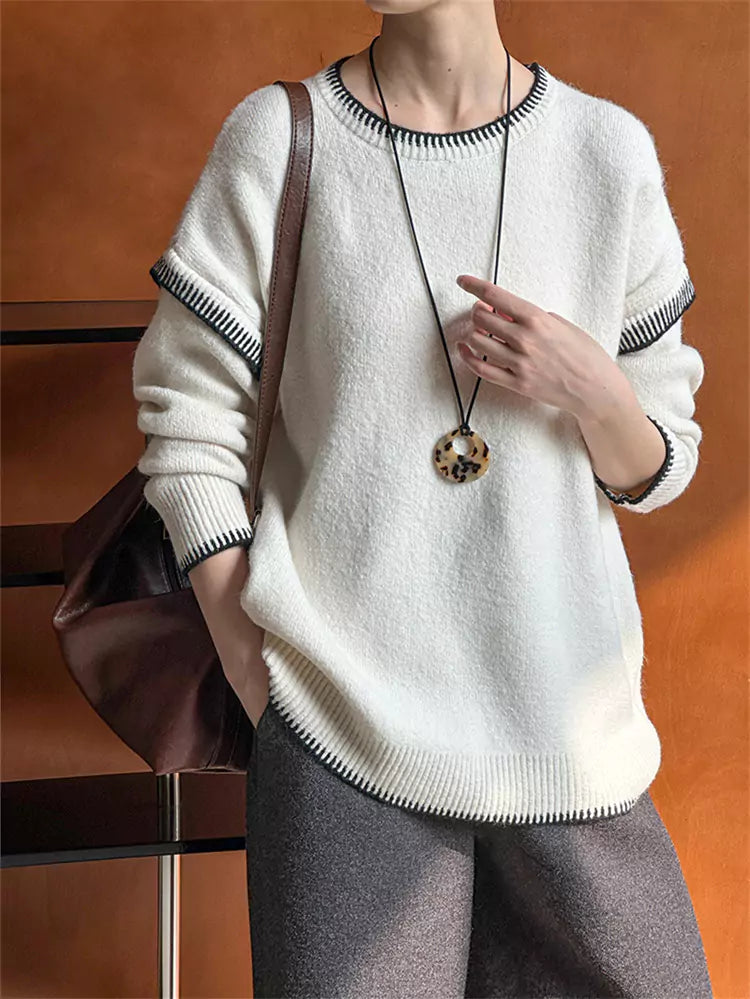 Koreanischer minimalistischer, handgenähter Strickpullover mit Rundhalsausschnitt