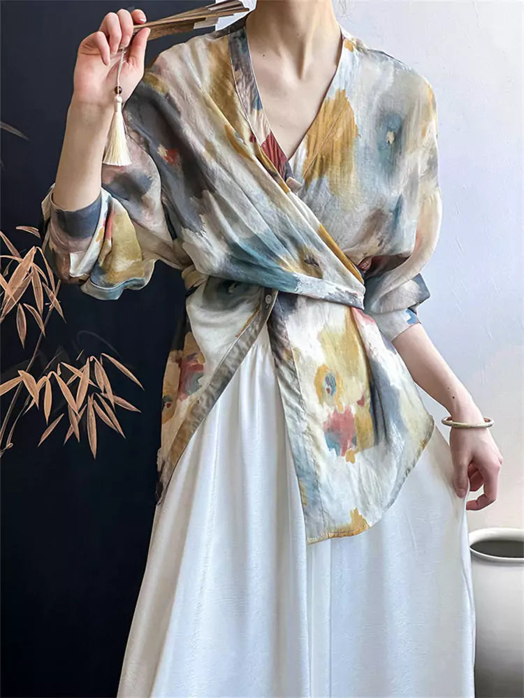 Blusa francesa vintage de manga larga con efecto tie-dye y dobladillo irregular