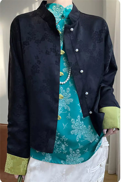 Elegant Satin White Blouse with Oriental Jacquard and Embroidery