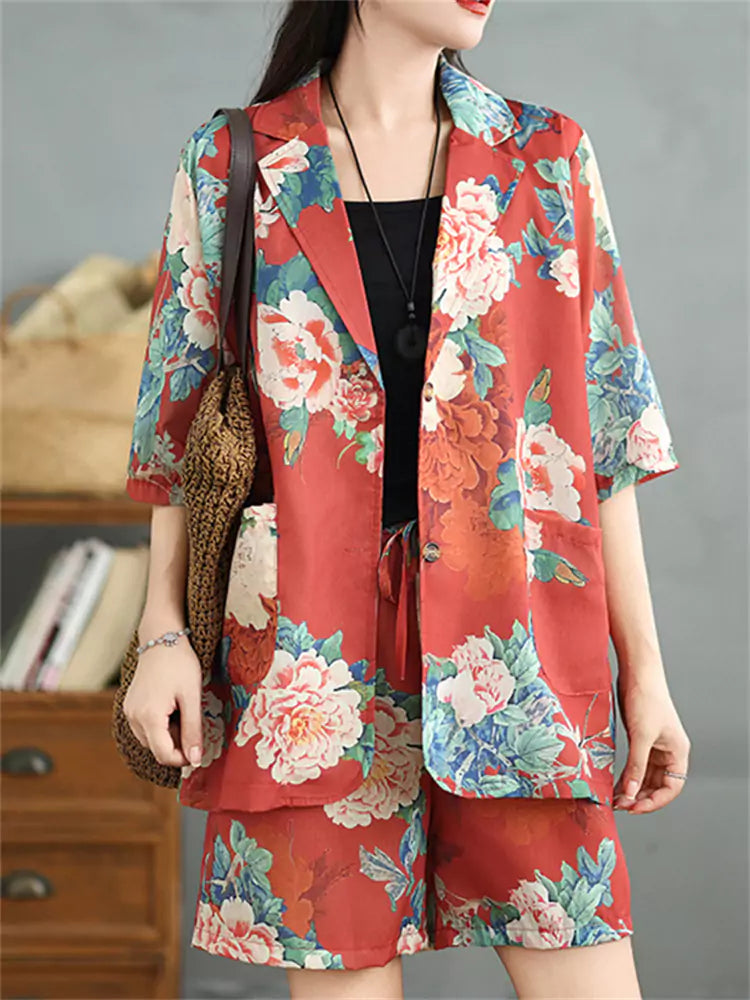 Summer Red Floral Print Linen Two-Piece Suit for Women Vintage Loose-Fit Blazer and Shorts Set