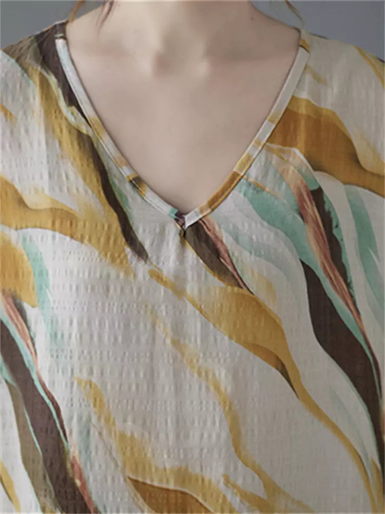 Vintage Floral Print V-Neck Loose Fit Cotton Linen Blouse for Women