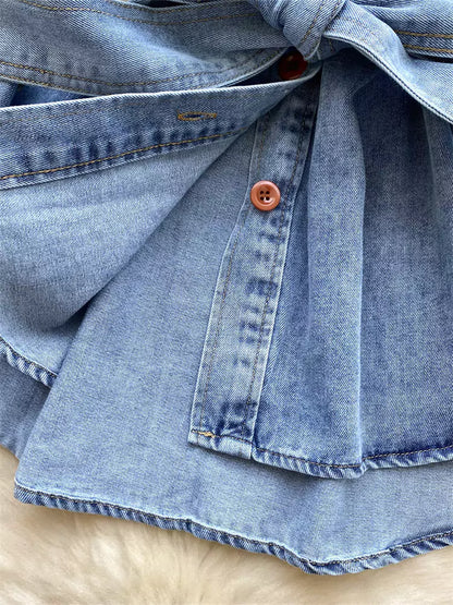 Vintage-Chic Jeansbluse mit Schnürung an der Taille und Laternenärmeln für Damen