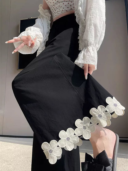 Pantalones de algodón de cintura alta y pierna ancha con diseño floral de patchwork para mujer