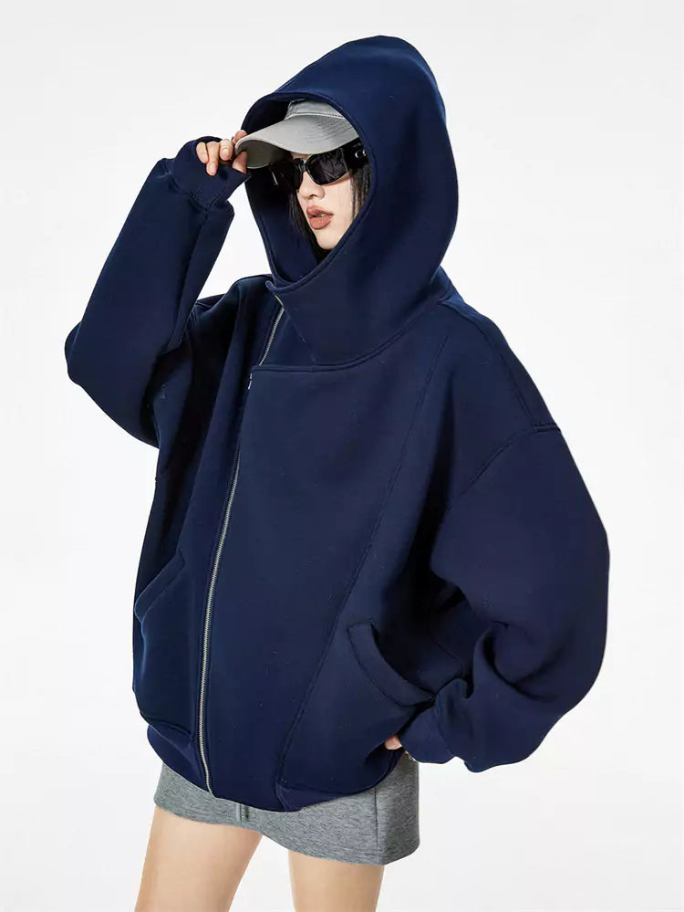 Sudadera con capucha asimétrica con cremallera gris claro vintage para mujer